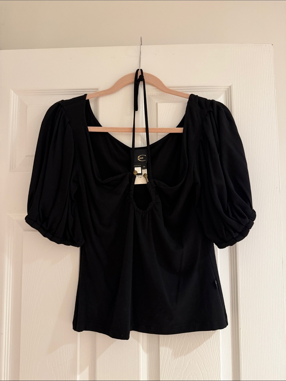 Just Cavalli Black Puff-Sleeve Tie-Back Top